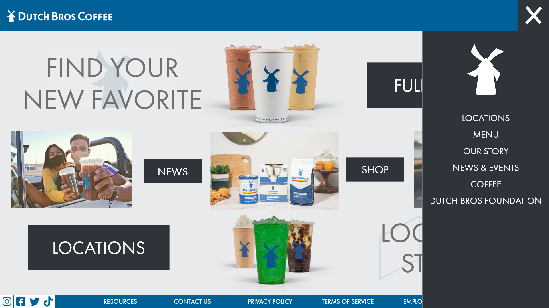 dutch bros redesigned home page with navigation